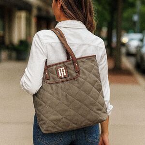Tommy Hilfiger Quilted Nylon Tote Bag Olive With Faux Leather Trim Shoulder Bag
